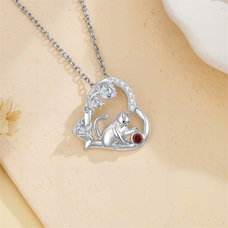 Sterling Silver 12 Month Birthstone Cat Pendant Necklace Gifts for Cat Lovers