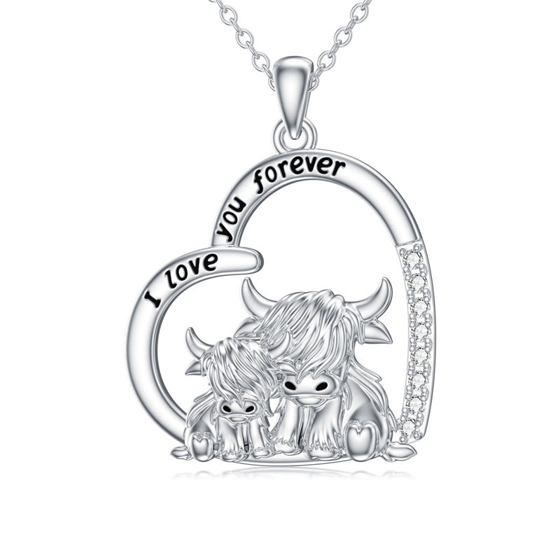 Sterling Silver Highland Cow Pendant Necklace Engraved With  I Love You forever