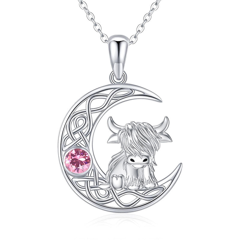 Sterling Silver 12 Month Birthstone Highland Cow  Pendant Necklace