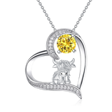 14K Gold 12 Months Birthstone Highland Cow Pendant Necklace