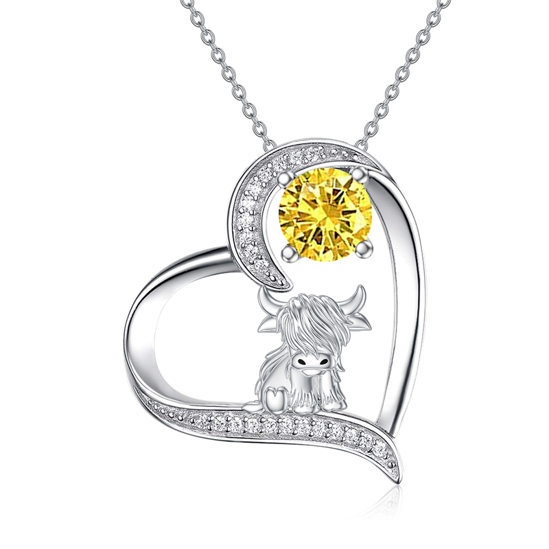 14K Gold 12 Months Birthstone Highland Cow Pendant Necklace