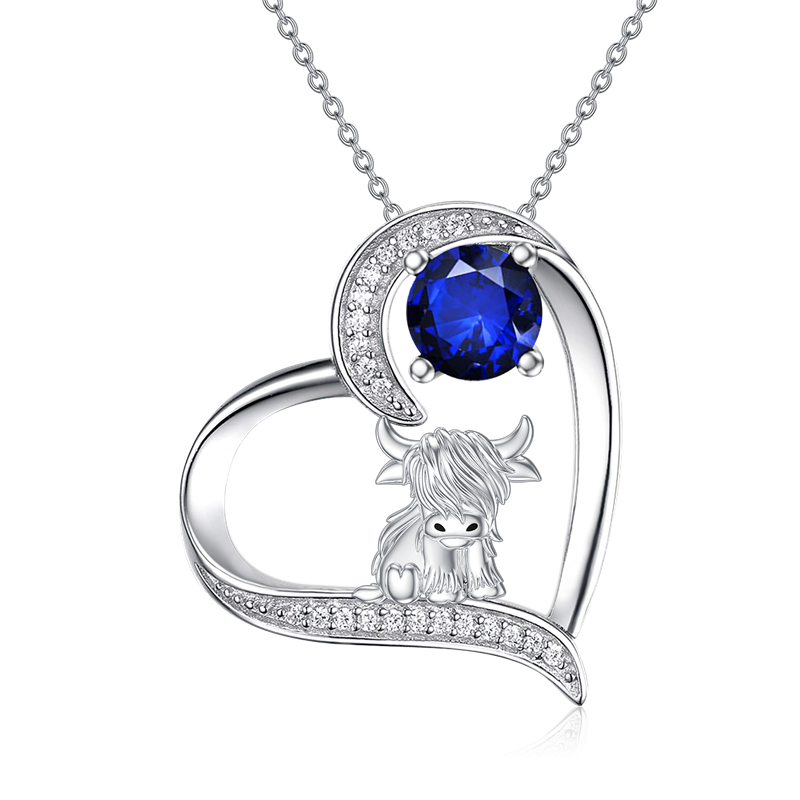 14K Gold 12 Months Birthstone Highland Cow Pendant Necklace