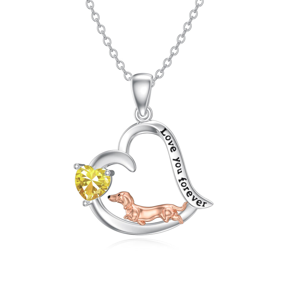 Sterling Silver Heart Birthstone  Dachshund Pendant Necklace