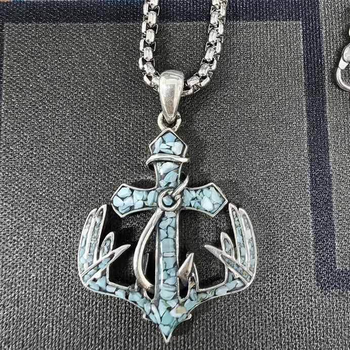 Sterling Silver Cross Deer Antler Fish Hook Pendant Necklace for Men