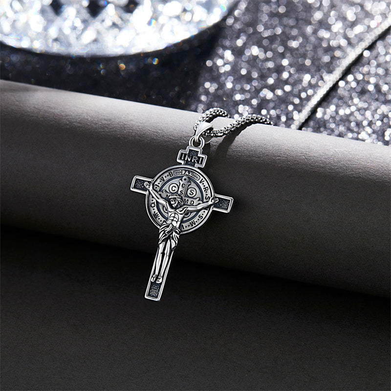 Sterling Silver Benedict Crucifix Protection Pendant Necklace