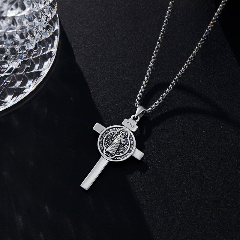 Sterling Silver Benedict Crucifix Protection Pendant Necklace
