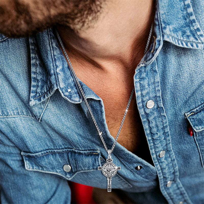 Sterling Silver Benedict Crucifix Protection Pendant Necklace