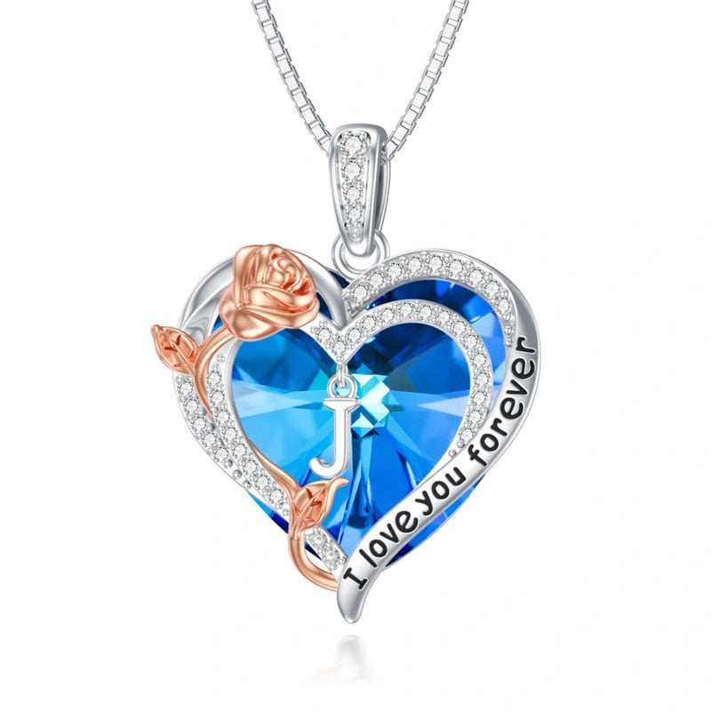Sterling Silver Heart Crystal Initial Rose Pendant Necklace