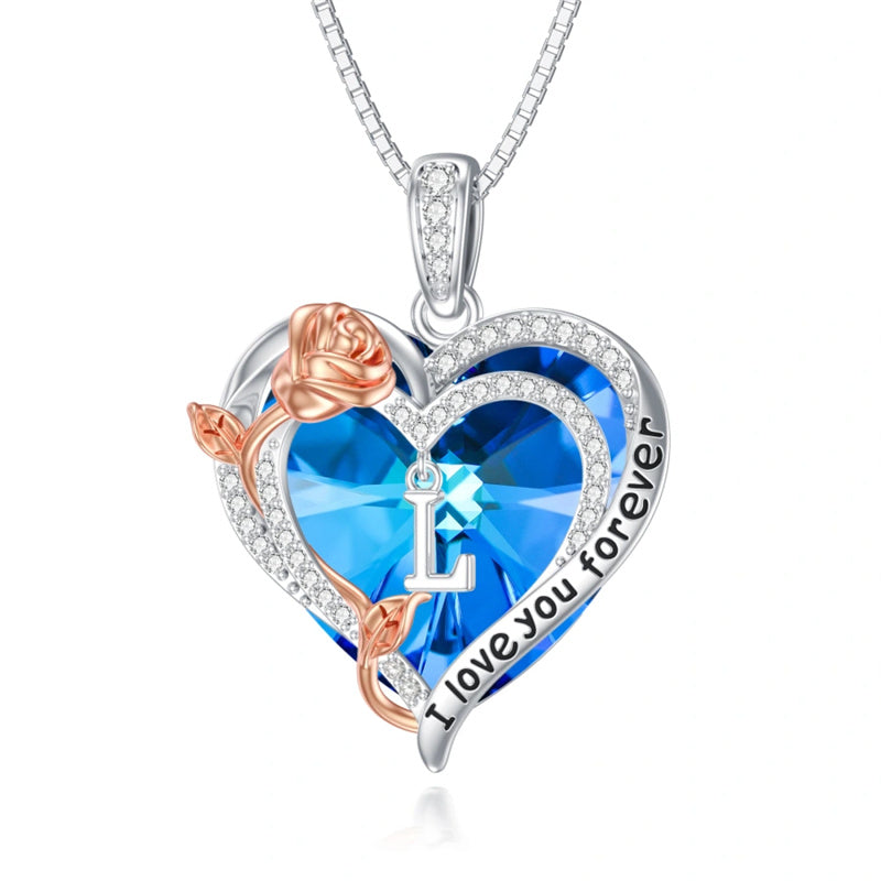Sterling Silver Heart Crystal Initial Rose Pendant Necklace