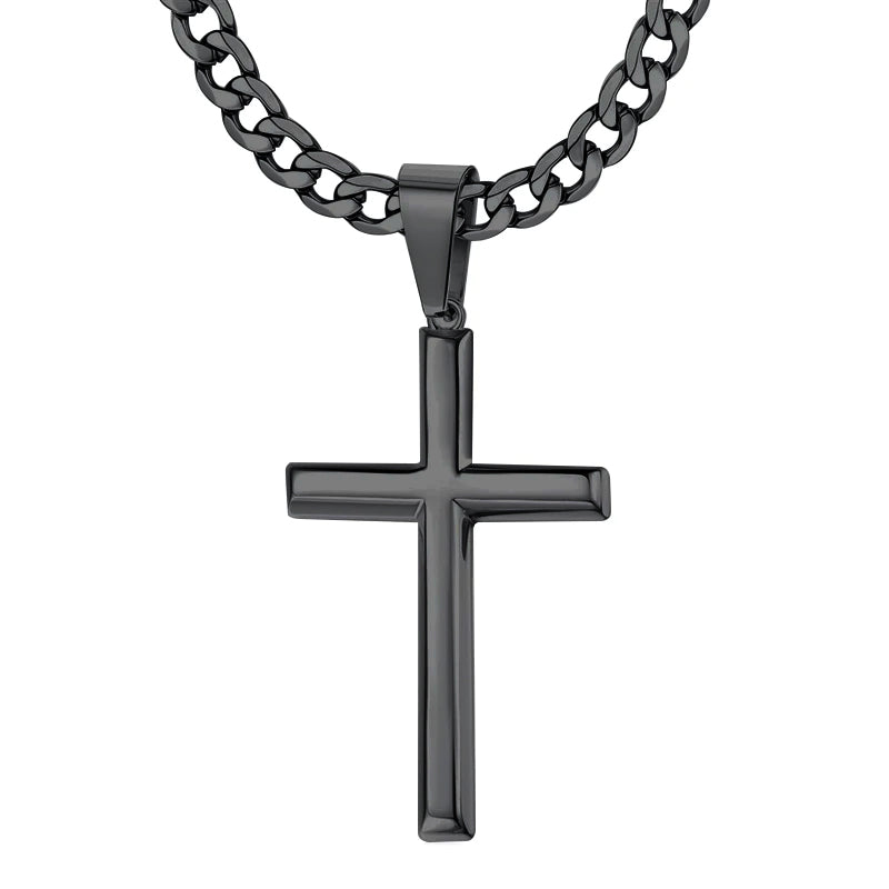 Sterling Silver Cross Pendent for Men With Stainless Steel Cuban Link Pendant Necklace