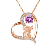 14K Gold 12 Months Birthstone Highland Cow Pendant Necklace