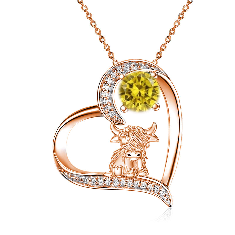 14K Gold 12 Months Birthstone Highland Cow Pendant Necklace