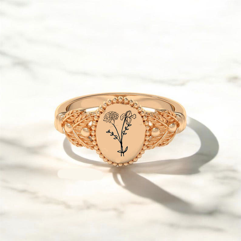 Sterling Silver Personalized  Birth Flower Ring Bouquet Nature Ring