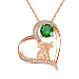 14K Gold 12 Months Birthstone Highland Cow Pendant Necklace