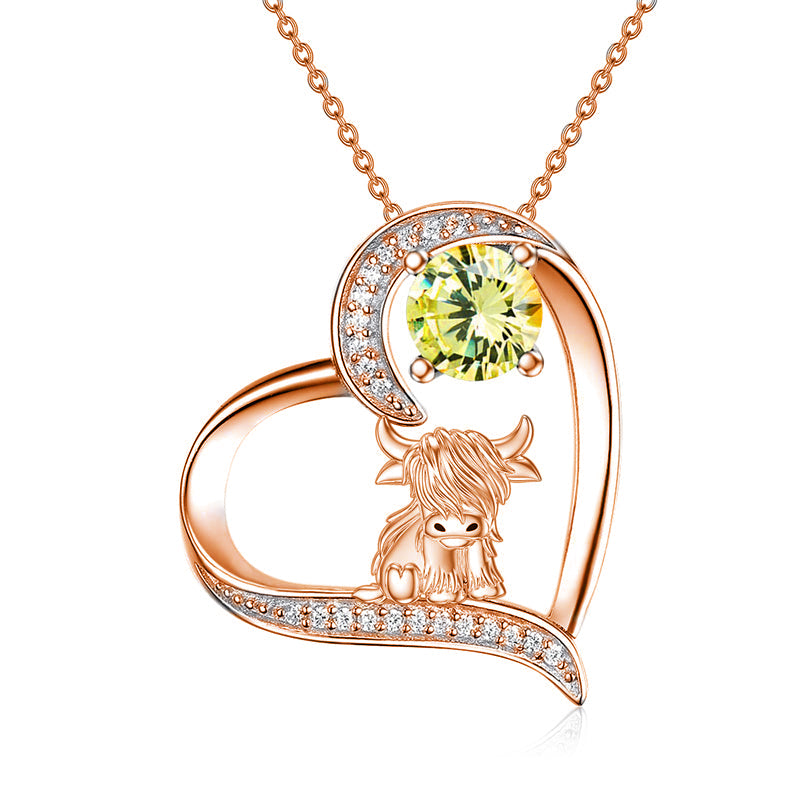 14K Gold 12 Months Birthstone Highland Cow Pendant Necklace