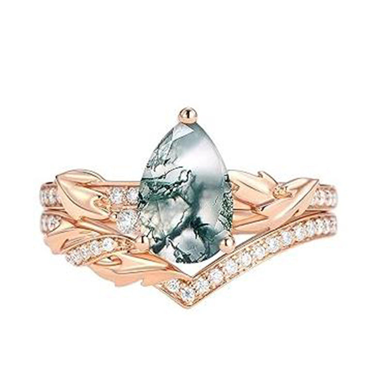 Sterling Silver Personalized Engraved 10K 14K 18K Gold Kite Moss Agate Bridal Promise Wedding Ring Set