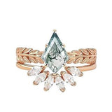 Sterling Silver Personalized Engraved 10K 14K 18K Gold Kite Moss Agate Bridal Promise Wedding Ring Set