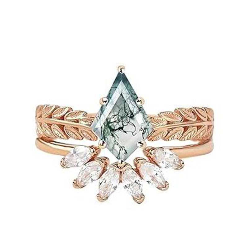 Sterling Silver Personalized Engraved 10K 14K 18K Gold Kite Moss Agate Bridal Promise Wedding Ring Set