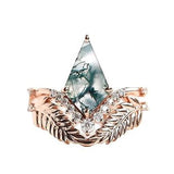 Sterling Silver Personalized Engraved 10K 14K 18K Gold Kite Moss Agate Bridal Promise Wedding Ring Set