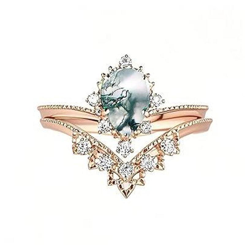 Sterling Silver Personalized Engraved 10K 14K 18K Gold Kite Moss Agate Bridal Promise Wedding Ring Set