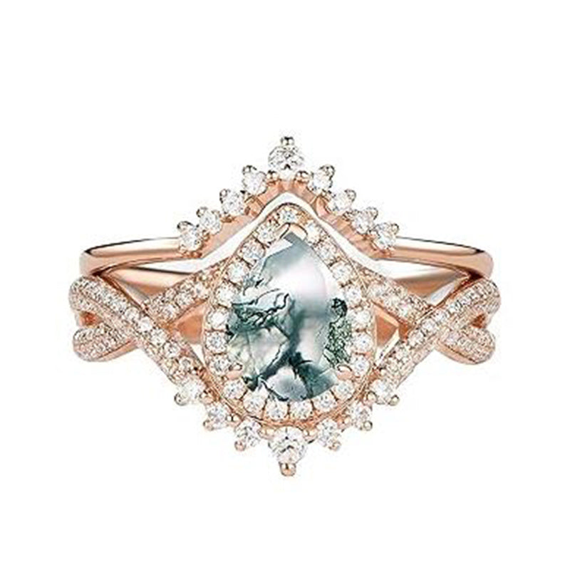 Sterling Silver Personalized Engraved 10K 14K 18K Gold Kite Moss Agate Bridal Promise Wedding Ring Set