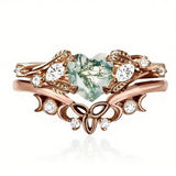 Sterling Silver Black Heart Moss Agate Engagement Wedding Ring Set for Women