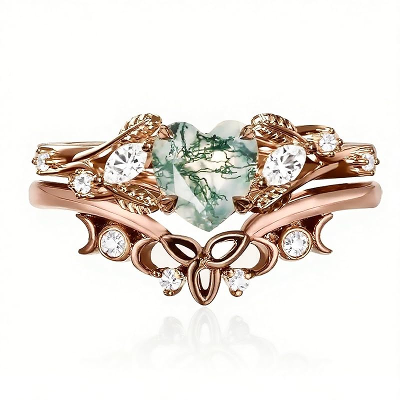 Sterling Silver Black Heart Moss Agate Engagement Wedding Ring Set for Women