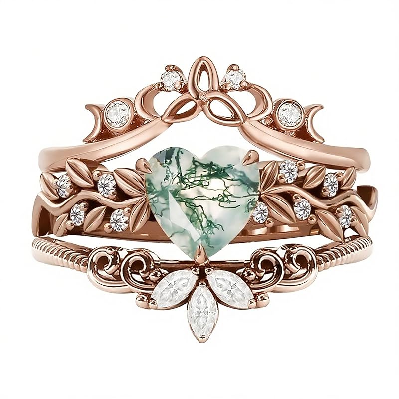 Sterling Silver Black Heart Moss Agate Engagement Wedding Ring Set for Women