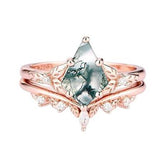 Sterling Silver Personalized Engraved 10K 14K 18K Gold Kite Moss Agate Bridal Promise Wedding Ring Set