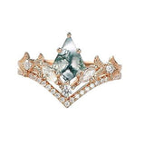 Sterling Silver Personalized Engraved 10K 14K 18K Gold Kite Moss Agate Bridal Promise Wedding Ring Set