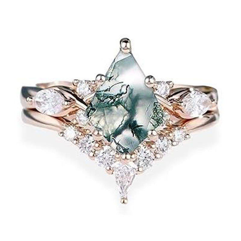 Sterling Silver Personalized Engraved 10K 14K 18K Gold Kite Moss Agate Bridal Promise Wedding Ring Set