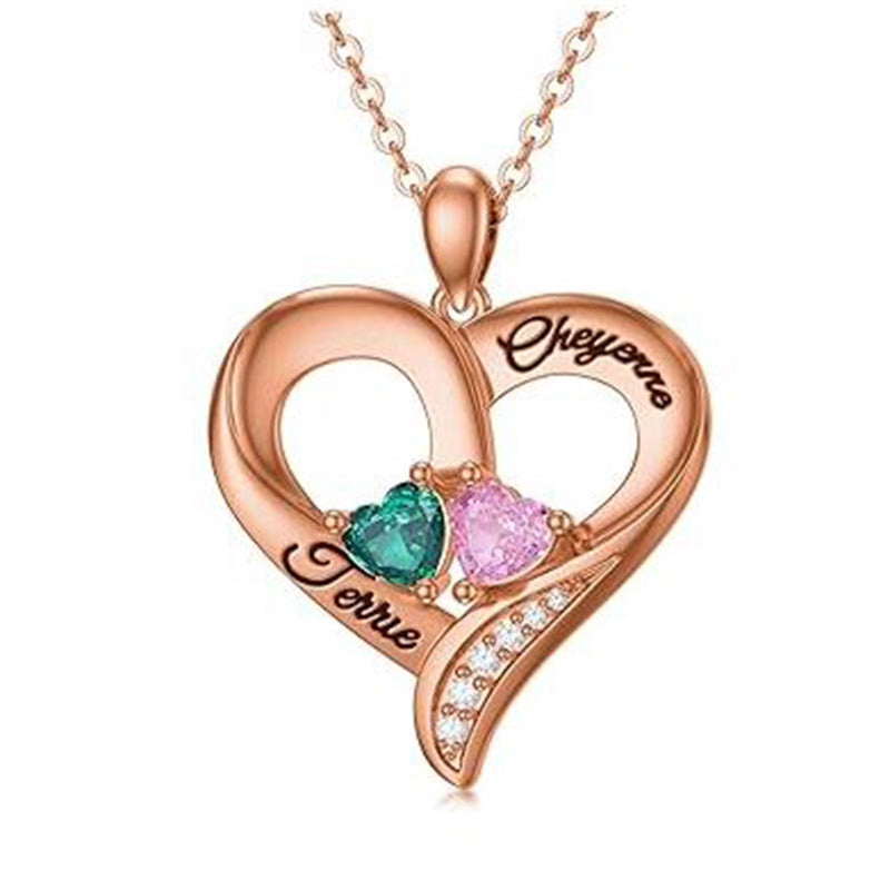 10K 14K 18K Gold Personalized 2 Birthstone Engravd Heart Pendant Necklace