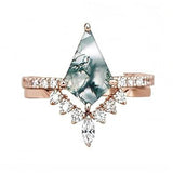 Sterling Silver Personalized Engraved 10K 14K 18K Gold Kite Moss Agate Bridal Promise Wedding Ring Set