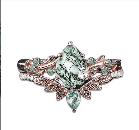 Sterling Silver Pear Natural Moss Agate Engagement Ring Set Wedding Ring