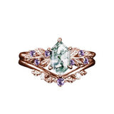 Sterling Silver 10K 14K 18K Long Hexagon Leaf Unique Vine Moss Agate Engagement Wedding Anniversary Ring Set