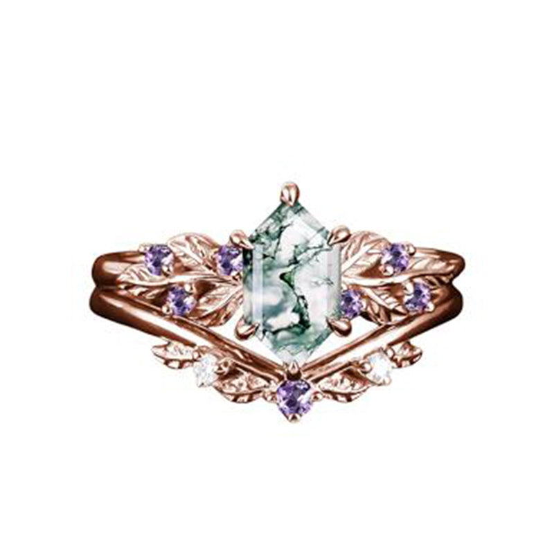 Sterling Silver 10K 14K 18K Long Hexagon Leaf Unique Vine Moss Agate Engagement Wedding Anniversary Ring Set