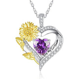 Sterling Sliver Birthstone Love Heart & Sunflower Pendant Necklace Engraved With You Are My Sunshine
