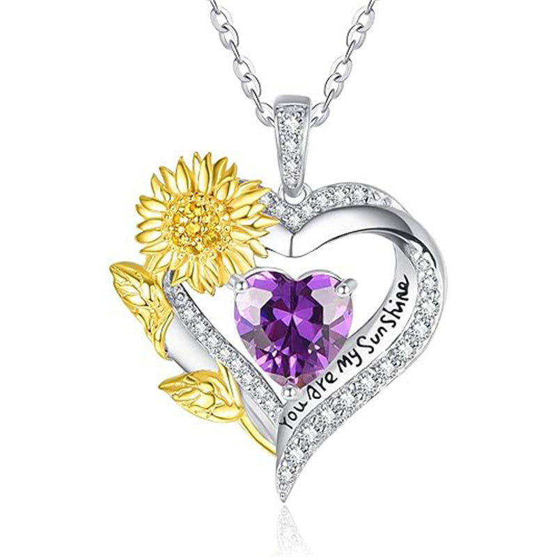 Sterling Sliver Birthstone Love Heart & Sunflower Pendant Necklace Engraved With You Are My Sunshine