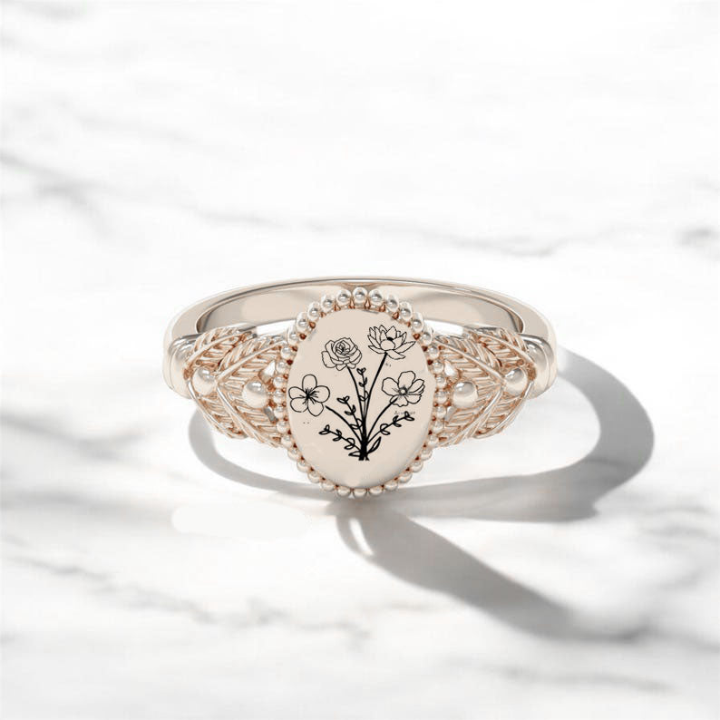 Sterling Silver Personalized  Birth Flower Ring Bouquet Nature Ring