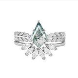 Sterling Silver Personalized Engraved 10K 14K 18K Gold Kite Moss Agate Bridal Promise Wedding Ring Set