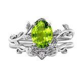 Sterling Silver 10K 14K Gold Leaf Oval Cut Vine Gemstone Set Engagement Wedding Ring