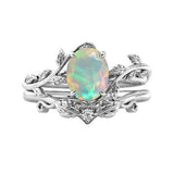 Sterling Silver 10K 14K Gold Leaf Oval Cut Vine Gemstone Set Engagement Wedding Ring
