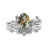 Sterling Silver 10K 14K Gold Leaf Oval Cut Vine Gemstone Set Engagement Wedding Ring