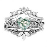 Sterling Silver Black Heart Moss Agate Engagement Wedding Ring Set for Women