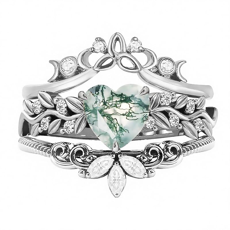 Sterling Silver Black Heart Moss Agate Engagement Wedding Ring Set for Women