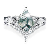 Sterling Silver Personalized Engraved 10K 14K 18K Gold Kite Moss Agate Bridal Promise Wedding Ring Set