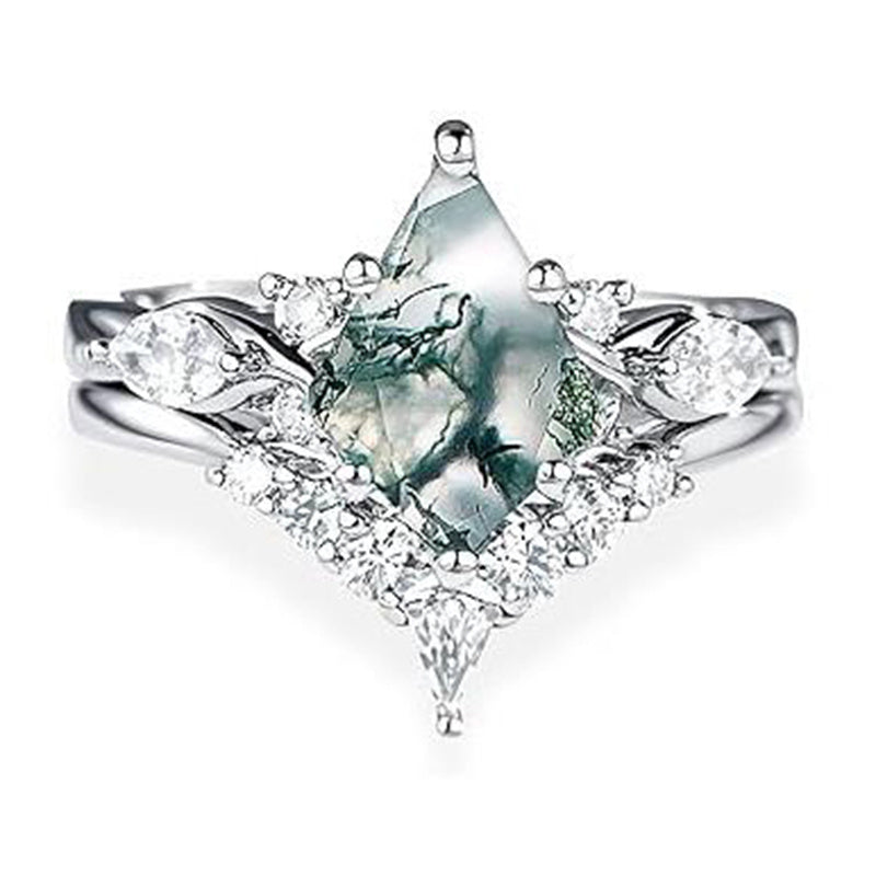 Sterling Silver Personalized Engraved 10K 14K 18K Gold Kite Moss Agate Bridal Promise Wedding Ring Set