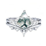 Sterling Silver Personalized Engraved 10K 14K 18K Gold Kite Moss Agate Bridal Promise Wedding Ring Set