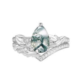 Sterling Silver Personalized Engraved 10K 14K 18K Gold Kite Moss Agate Bridal Promise Wedding Ring Set