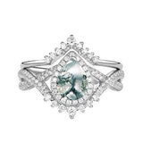 Sterling Silver Personalized Engraved 10K 14K 18K Gold Kite Moss Agate Bridal Promise Wedding Ring Set